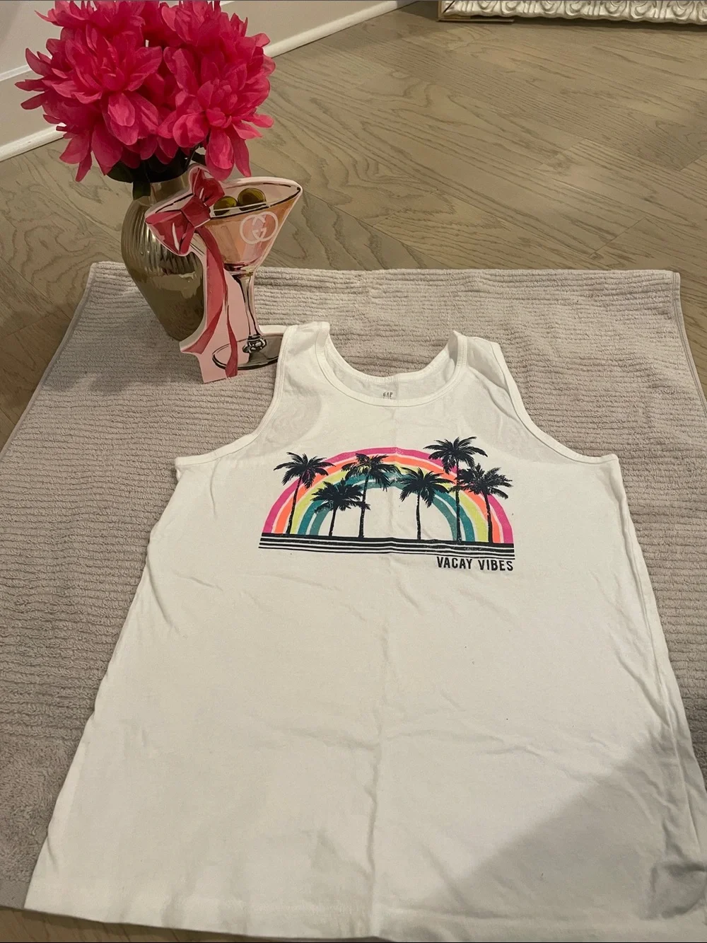GAP White Tank Top with Rainbow Palm Tree Graphic